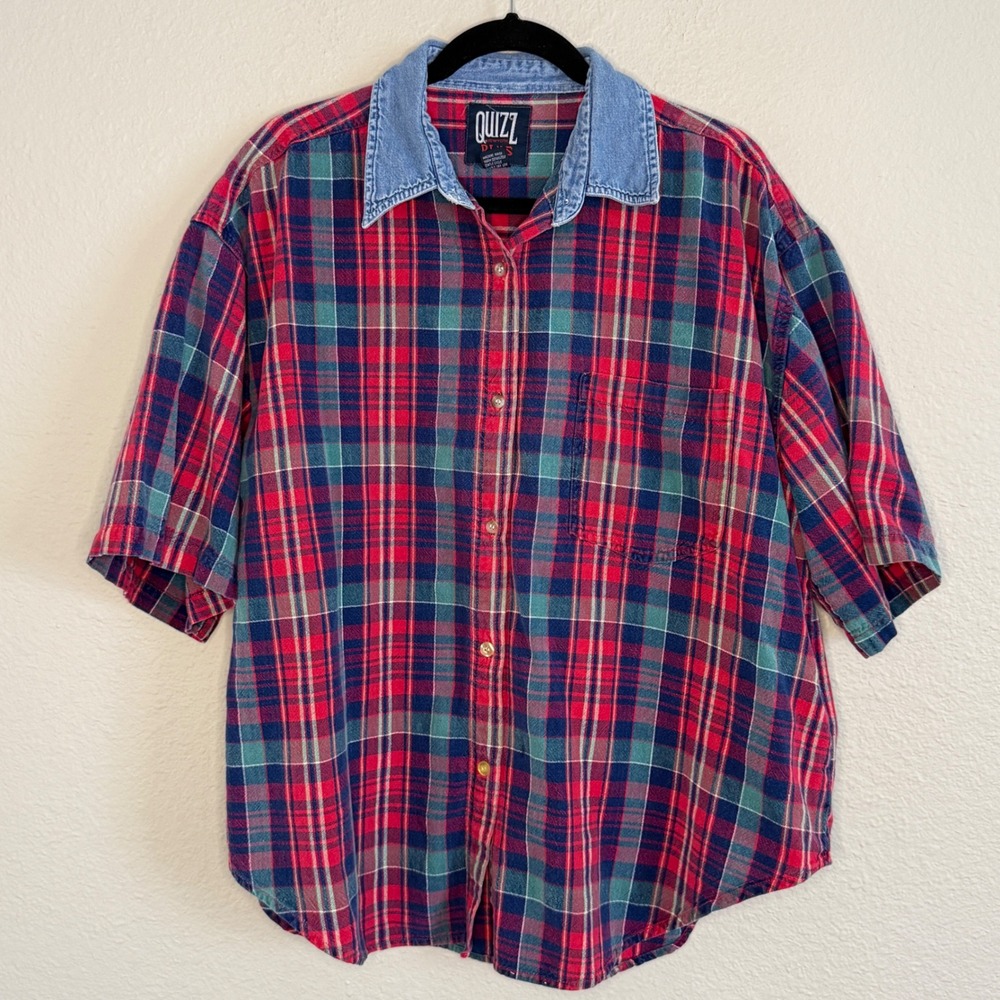 Vintage Womens 22 Plaid Denim Collar Country Top Granola Rodeo Cottage‎ Cabin